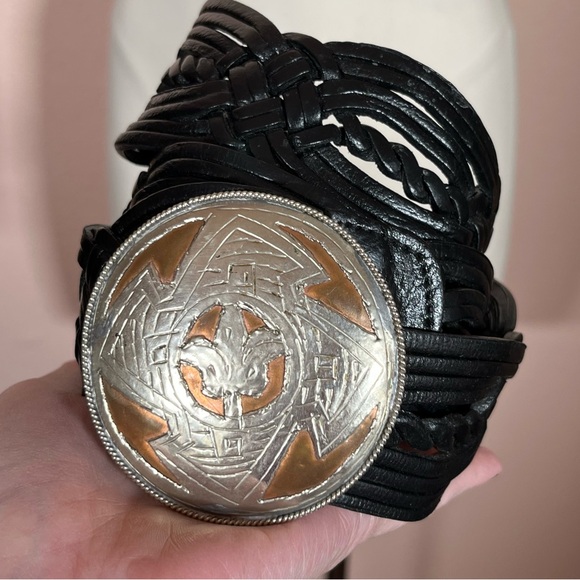 Vintage Bohemian Black Leather Wide Woven Southwestern Belt with Brass/Concho. main image 6